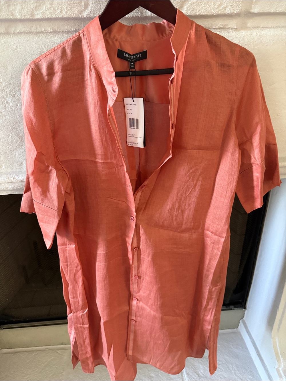 Lafayette 148 New York Coral Short-Sleeve Button-Up Tunic Shirt